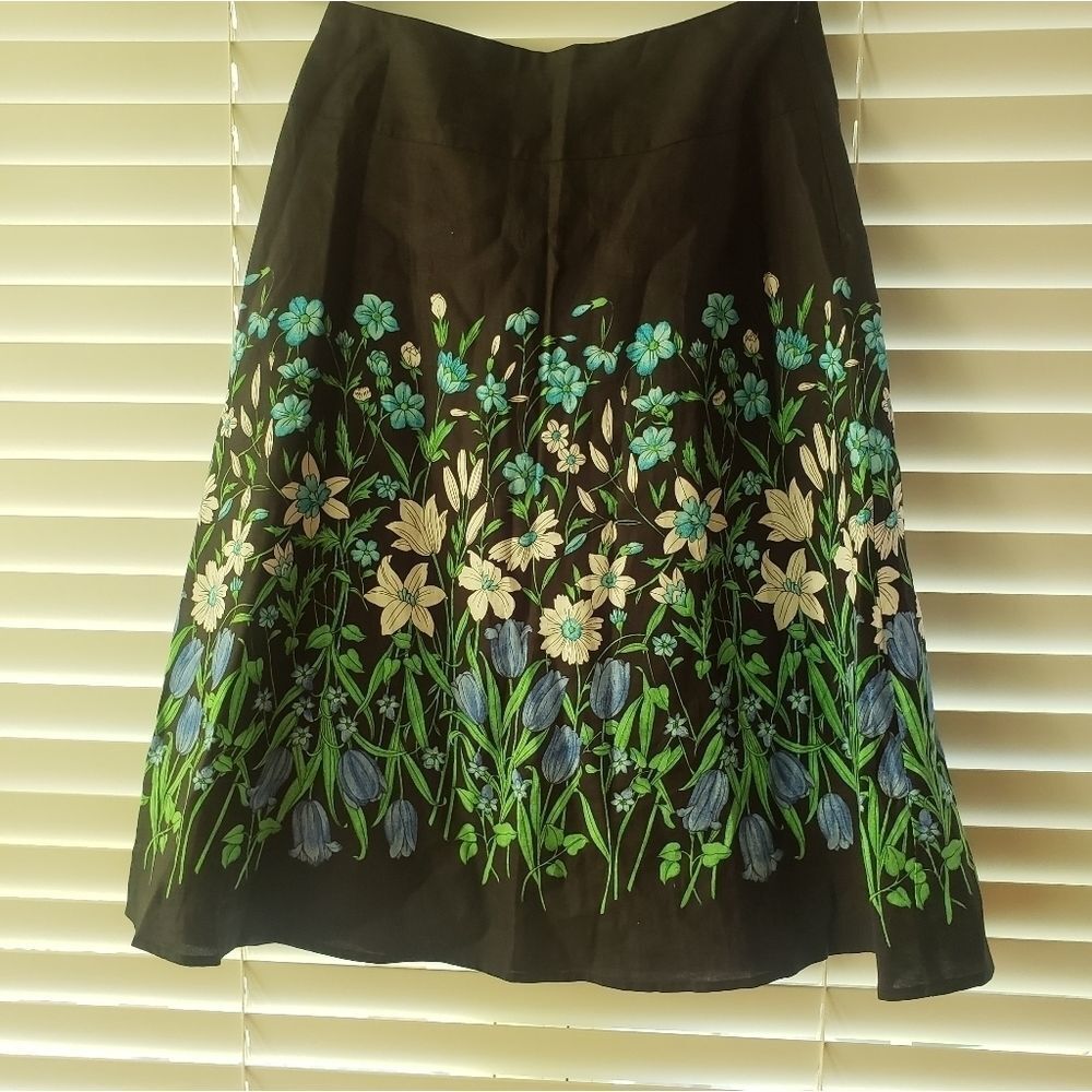 SILKLAND A-Line Linen Floral Midi Skirt